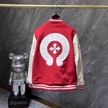 Baseball kabát kereszt hímzéssel, gyapjútest és bőr ujjakkal, csíkos minta, áll-nyak, lazított szabás