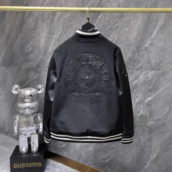 Baseball kabát kereszt hímzéssel, gyapjútest és bőr ujjakkal, csíkos minta, áll-nyak, lazított szabás