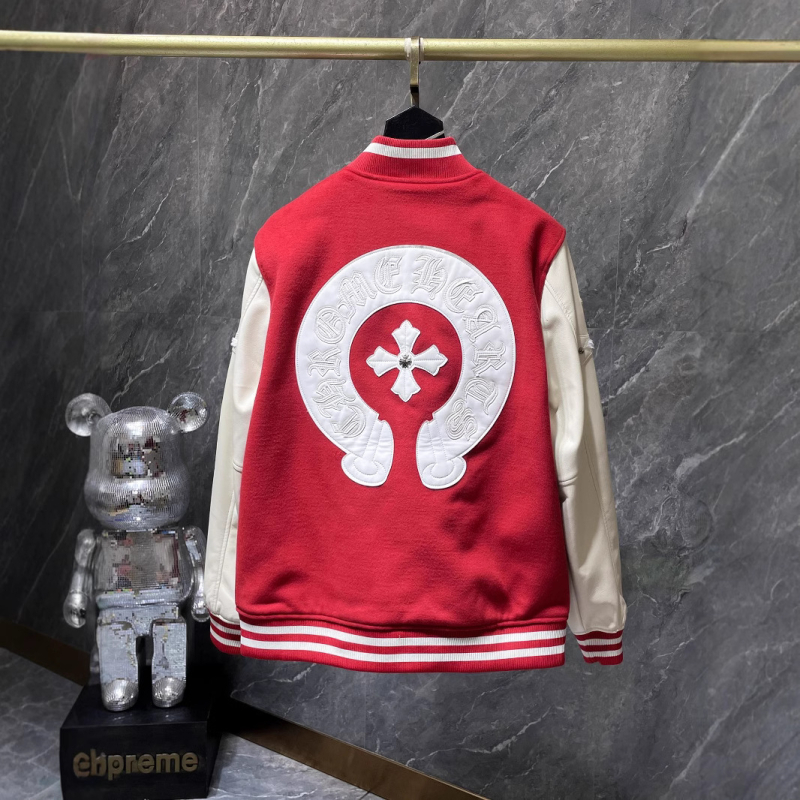 Baseball kabát kereszt hímzéssel, gyapjútest és bőr ujjakkal, csíkos minta, áll-nyak, lazított szabás