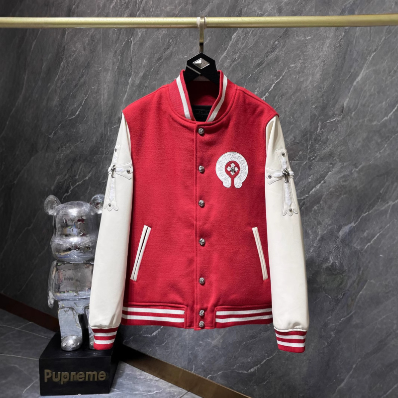 Baseball kabát kereszt hímzéssel, gyapjútest és bőr ujjakkal, csíkos minta, áll-nyak, lazított szabás