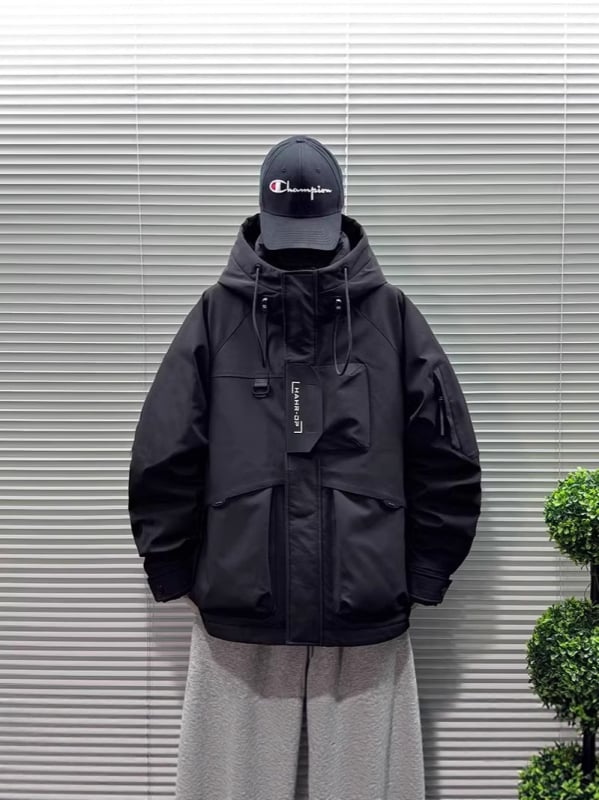 Muška down jakna za mlade, zima 2025, bijeli patka perja 76–80%, s kapuljom i stojećim ovratnikom, otporna na vjetar i topla