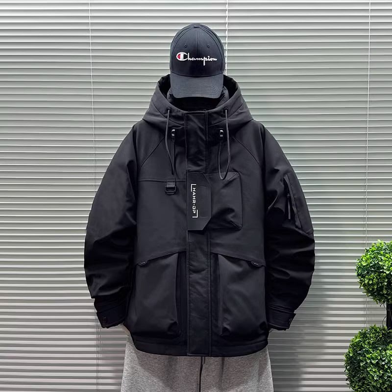 Muška down jakna za mlade, zima 2025, bijeli patka perja 76–80%, s kapuljom i stojećim ovratnikom, otporna na vjetar i topla