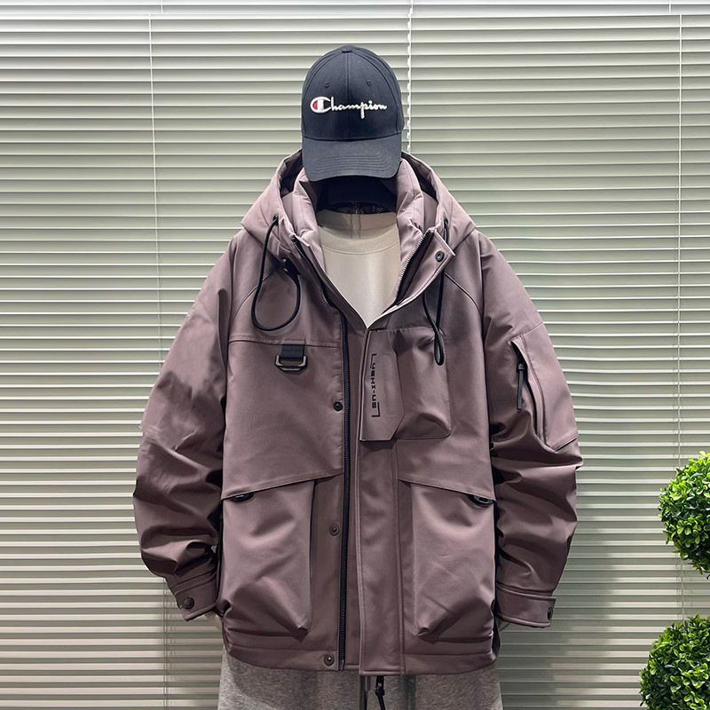 Muška down jakna za mlade, zima 2025, bijeli patka perja 76–80%, s kapuljom i stojećim ovratnikom, otporna na vjetar i topla