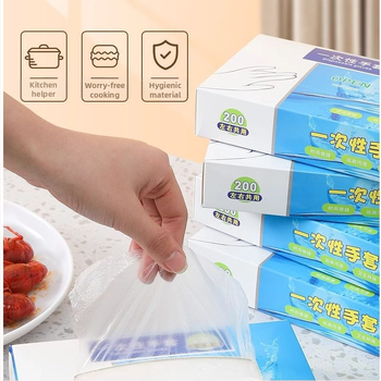 Mănuși de unică folosință din PE, alimentare, groase și transparente, cu protecție împotriva prafului, ambalate într-o cutie cu 120 buc.