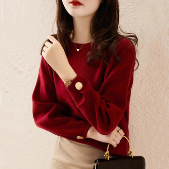 Ženski viskozni pleteni pulover, slobodan kroj, okrugli izrez, dugi rukavi, srednja debljina