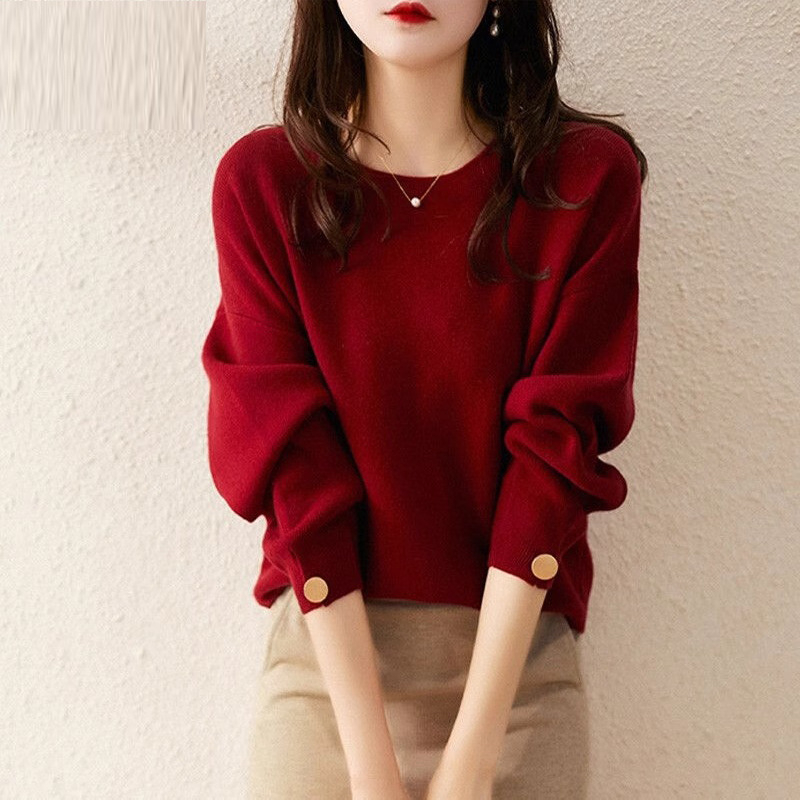 Ženski viskozni pleteni pulover, slobodan kroj, okrugli izrez, dugi rukavi, srednja debljina