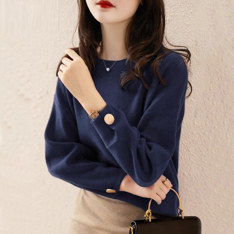 Ženski viskozni pleteni pulover, slobodan kroj, okrugli izrez, dugi rukavi, srednja debljina