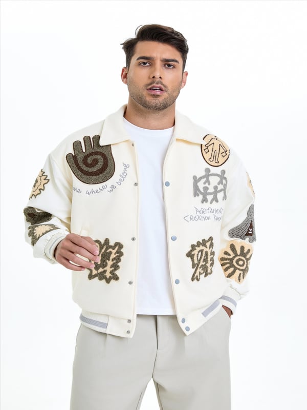 Férfi retro hímzett baseball kabát – lazább szabás, reveres gallér, egysoros gombolás, geometrikus mintázat, gyapjés anyag 70% poliészterrel, tavasz 2025