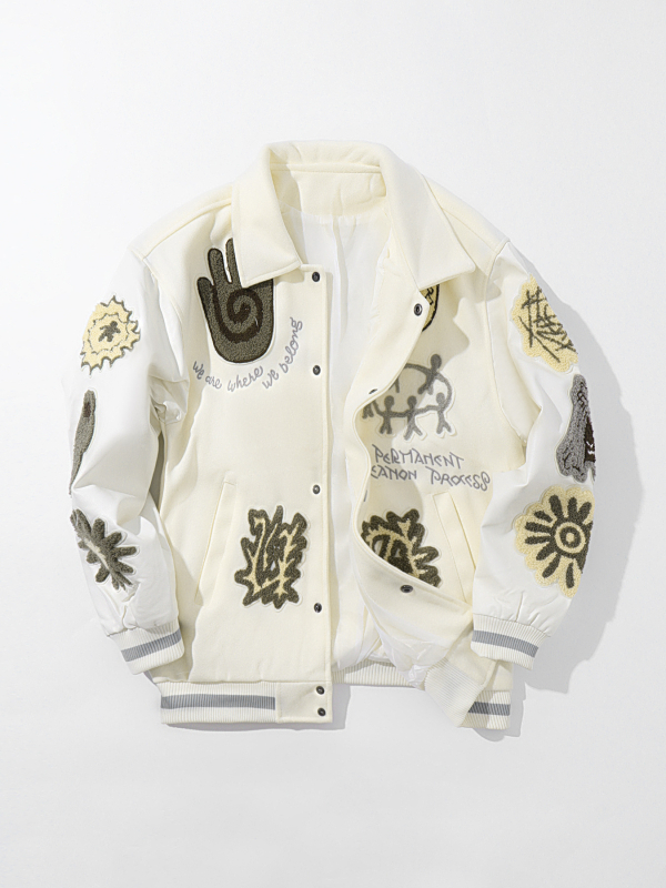 Férfi retro hímzett baseball kabát – lazább szabás, reveres gallér, egysoros gombolás, geometrikus mintázat, gyapjés anyag 70% poliészterrel, tavasz 2025