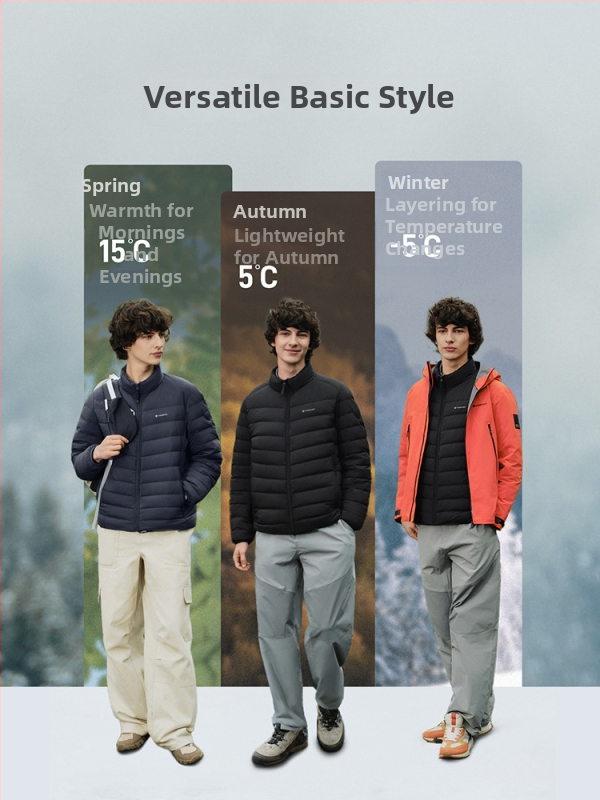 Muška lagana puffer jakna sa stojećim ovratnikom, kratka duljina, prednji zip, punjenje gusjim perjem 86-90%