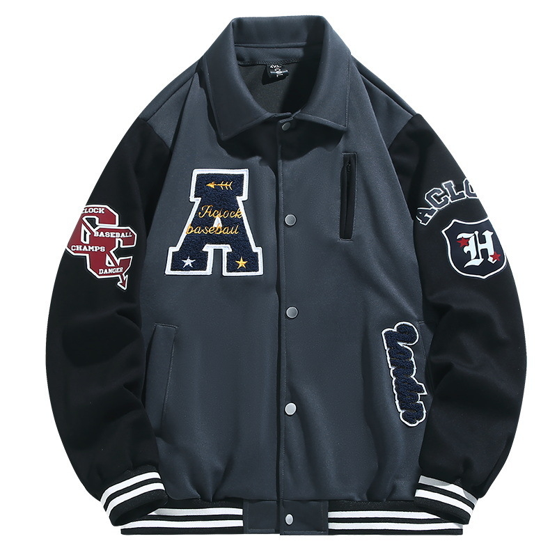 Amerikai stílusú hímzett baseball dzseki férfiaknak, lazább szabás, gallér, betűs mintázat, 70% viszkóz