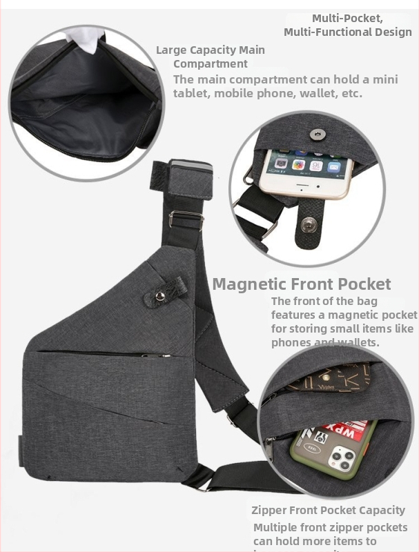 Мъжка чанта за гърдите – уличен стил, нейлон, дишаща и износоустойчива, едноцветен модел, подплата от полиестер