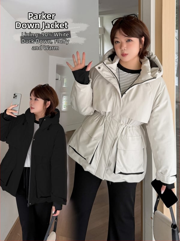 Parka cu talie strânsă, glugă, lungime medie, 86–90% puf de rață, fermoar