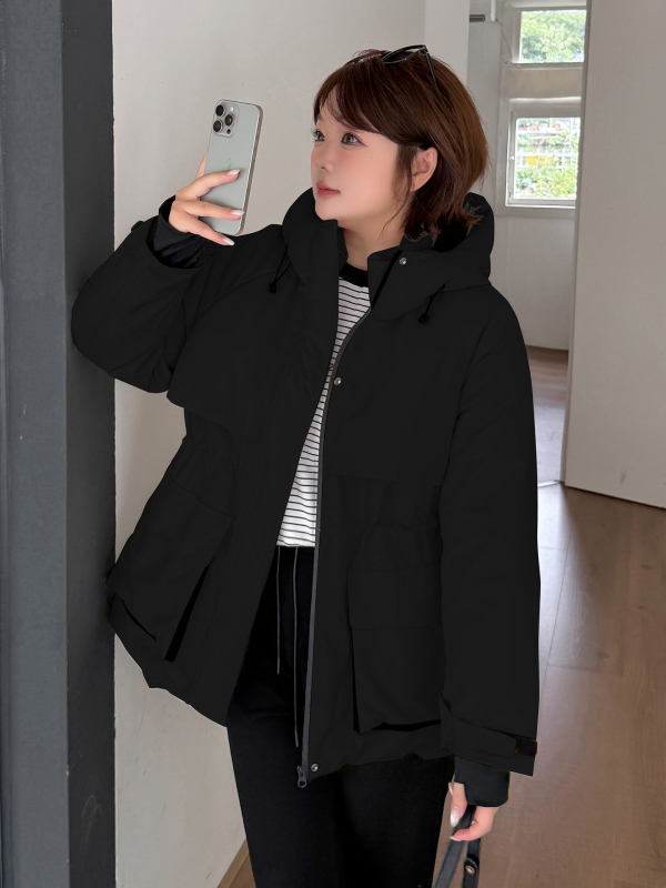 Parka cu talie strânsă, glugă, lungime medie, 86–90% puf de rață, fermoar