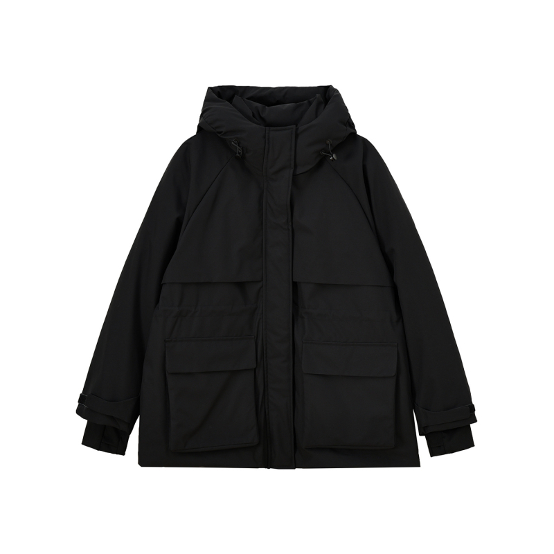 Parka cu talie strânsă, glugă, lungime medie, 86–90% puf de rață, fermoar