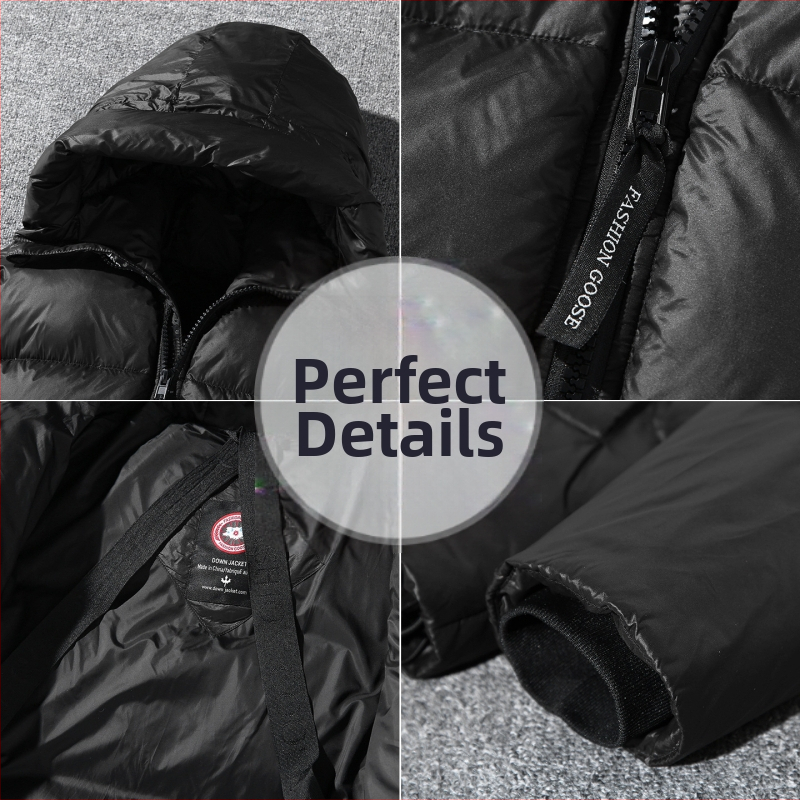 Jachetă de iarnă cu puf, glugă, croială lejeră, umplutură din puf de rață alb, conținut puf 86–90%, fluență 650, izolație groasă