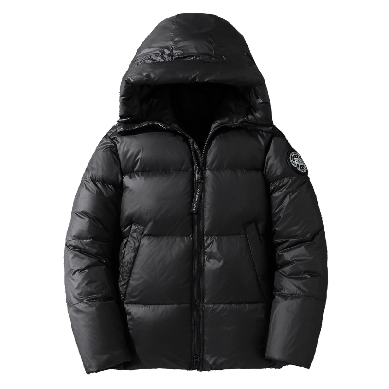 Jachetă de iarnă cu puf, glugă, croială lejeră, umplutură din puf de rață alb, conținut puf 86–90%, fluență 650, izolație groasă