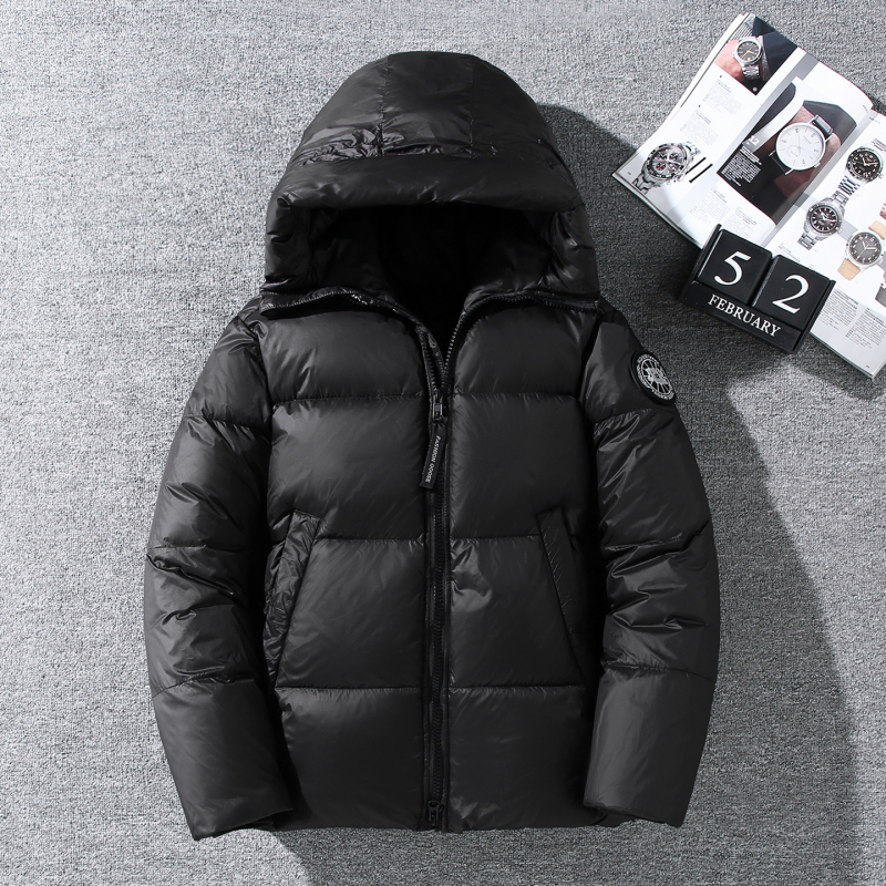 Jachetă de iarnă cu puf, glugă, croială lejeră, umplutură din puf de rață alb, conținut puf 86–90%, fluență 650, izolație groasă