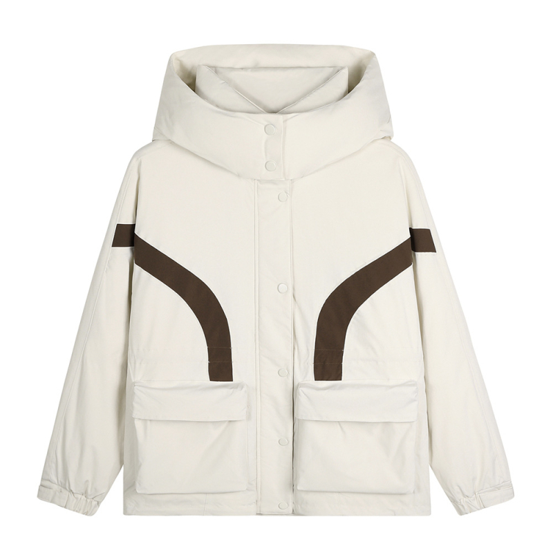 Geacă puf cu glugă pentru iarna 2025, design casual în stil workwear, umplutură din puf de rață alb, material principal 95% poliester, lungime medie, croială lejeră