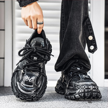 Мъжки ежедневни обувки с дебел подметка, принт на животни върху плат, връзки, гумена подметка, нисък профил