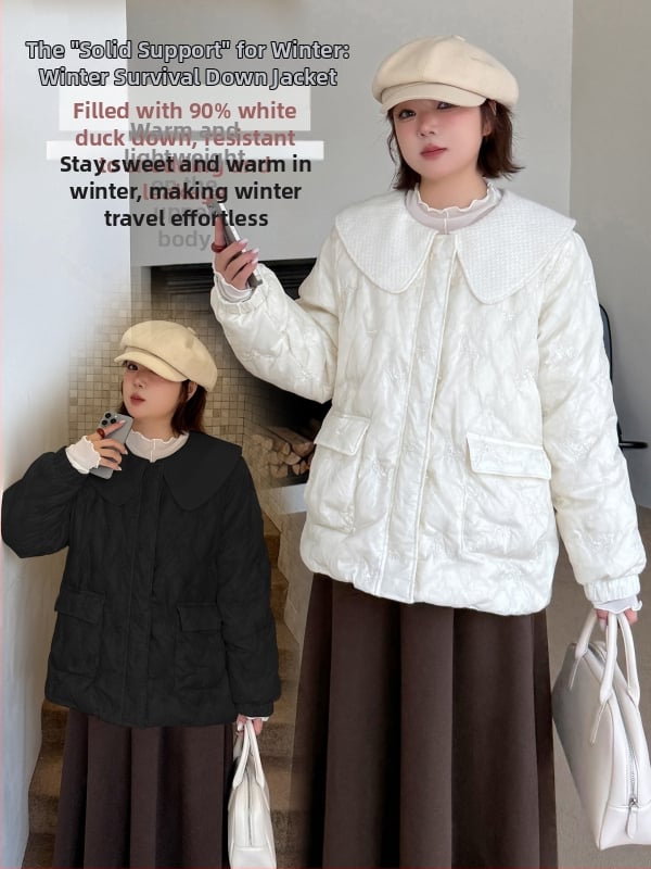 Geacă de damă din puf cu umplutură de puf de rață, conținut 76–90% puf, guler tip păpușă, fermoar, țesătură din nylon