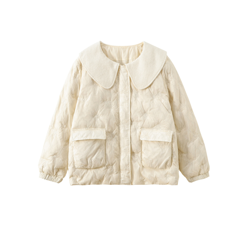 Geacă de damă din puf cu umplutură de puf de rață, conținut 76–90% puf, guler tip păpușă, fermoar, țesătură din nylon