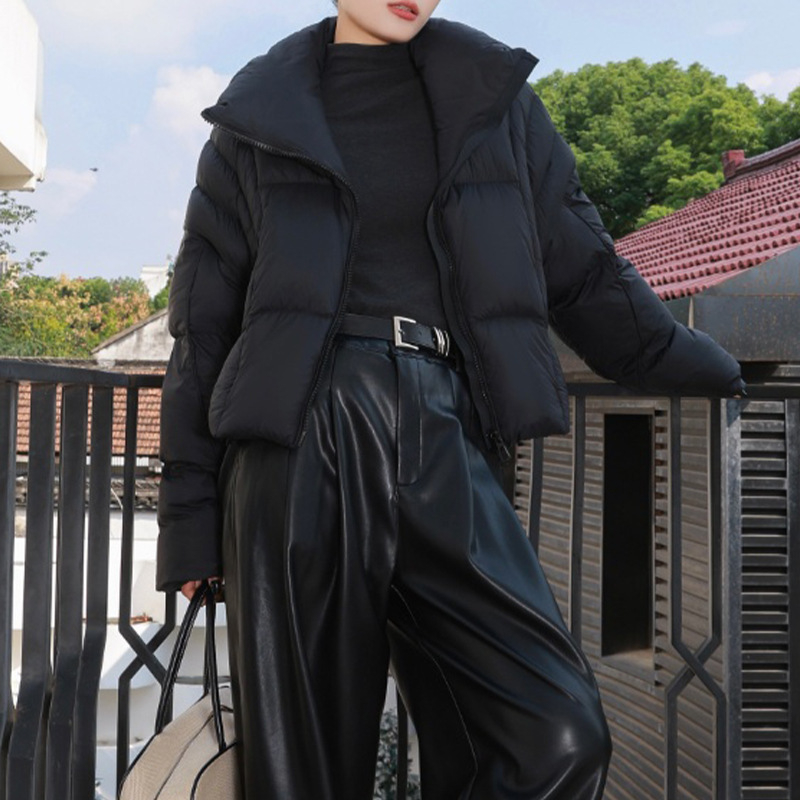 Ženska kratka puffer jakna, dužina 40–50 cm, punilo 101–200 g, 91–95% perja, poliester, stojeći ovratnik, zimska kolekcija 2025