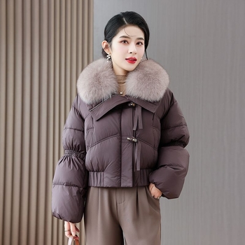 Ženska jakna s pačjim perjem, ultra kratka duljina, najlon tkanina, kvadratni ovratnik, zatvaranje jednim gumbom