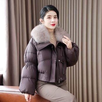 Ženska jakna s pačjim perjem, ultra kratka duljina, najlon tkanina, kvadratni ovratnik, zatvaranje jednim gumbom