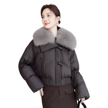 Ženska jakna s pačjim perjem, ultra kratka duljina, najlon tkanina, kvadratni ovratnik, zatvaranje jednim gumbom