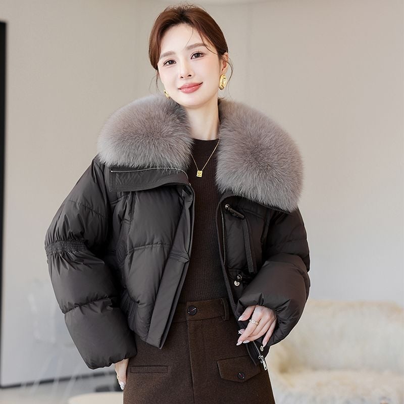 Ženska jakna s pačjim perjem, ultra kratka duljina, najlon tkanina, kvadratni ovratnik, zatvaranje jednim gumbom