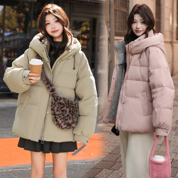 Ženska kratka puffer jakna s kapuljačom, korejskog stila, najlonska tkanina, punilo 201–300 g, duljina 50–65 cm