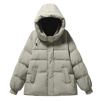 Ženska kratka puffer jakna s kapuljačom, korejskog stila, najlonska tkanina, punilo 201–300 g, duljina 50–65 cm