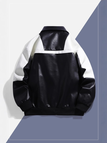 PU kožna jakna s dizajnom boja-blok, zatvarač, labav kroj, jesen