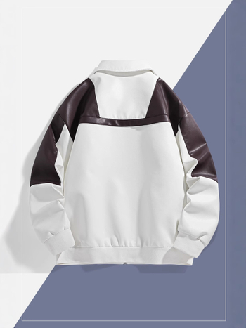 PU kožna jakna s dizajnom boja-blok, zatvarač, labav kroj, jesen