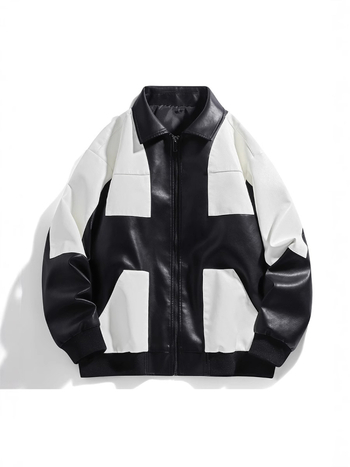 PU kožna jakna s dizajnom boja-blok, zatvarač, labav kroj, jesen