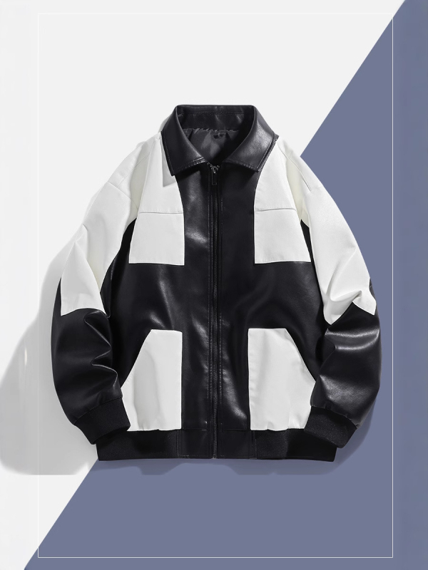 PU kožna jakna s dizajnom boja-blok, zatvarač, labav kroj, jesen