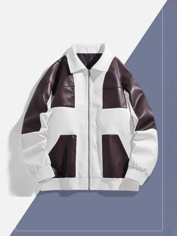 PU kožna jakna s dizajnom boja-blok, zatvarač, labav kroj, jesen