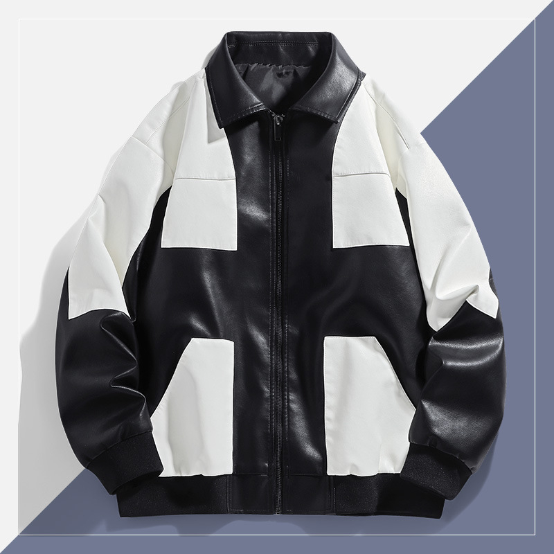 PU kožna jakna s dizajnom boja-blok, zatvarač, labav kroj, jesen