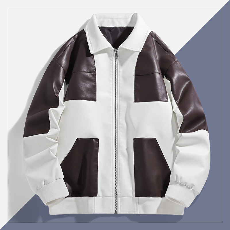 PU kožna jakna s dizajnom boja-blok, zatvarač, labav kroj, jesen