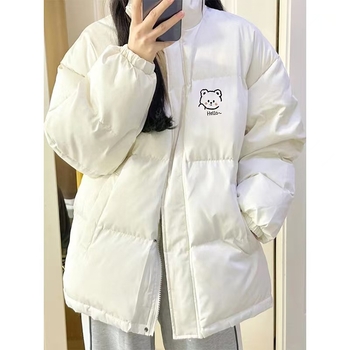Ženska zimska jakna s guščjim perjem, sladak medvjed u korejskom stilu, opuštena silueta, poliester, stojeći ovratnik bez kapuljače, zatvarač, punilo 51–55% perja