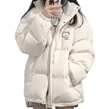 Ženska zimska jakna s guščjim perjem, sladak medvjed u korejskom stilu, opuštena silueta, poliester, stojeći ovratnik bez kapuljače, zatvarač, punilo 51–55% perja