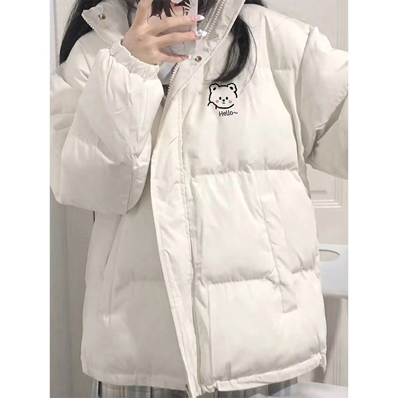 Ženska zimska jakna s guščjim perjem, sladak medvjed u korejskom stilu, opuštena silueta, poliester, stojeći ovratnik bez kapuljače, zatvarač, punilo 51–55% perja