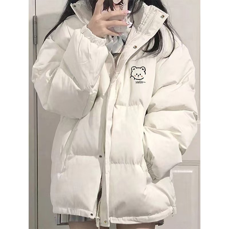 Ženska zimska jakna s guščjim perjem, sladak medvjed u korejskom stilu, opuštena silueta, poliester, stojeći ovratnik bez kapuljače, zatvarač, punilo 51–55% perja