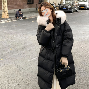 Geacă de damă cu glugă din puf de rață alb, lungă, croială Slim, umplutură 101–200 g, 86–90% puf alb de rață, guler din blană artificială, iarnă 2025