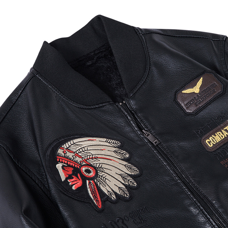 Muška PU kožna jakna, uski kroj, stojeći ovratnik, prednji zip, izvezeni detalji