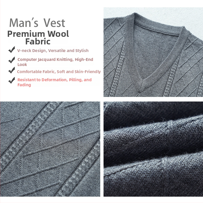Vesta din lână pentru bărbați, fără mâneci, tricot jacquard, decolteu în V, 30-35% lână, toamnă