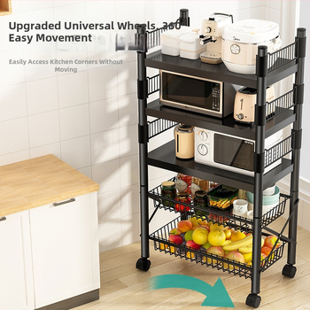 Podlaha stojací viacúčelový regál na skladovanie, 4 police, z uhlíkovej ocele, pojazdný, bez montáže, moderný minimalistický štýl; vhodný do kuchyne, kúpeľne, spálne a obývačky.