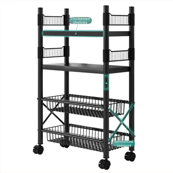 Podlaha stojací viacúčelový regál na skladovanie, 4 police, z uhlíkovej ocele, pojazdný, bez montáže, moderný minimalistický štýl; vhodný do kuchyne, kúpeľne, spálne a obývačky.
