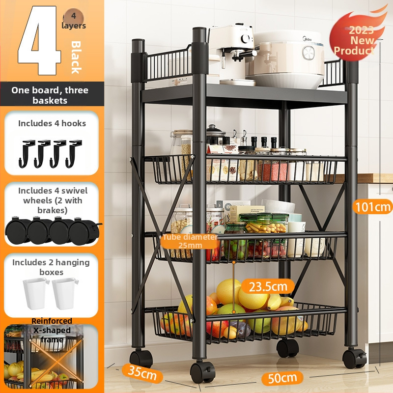 Podlaha stojací viacúčelový regál na skladovanie, 4 police, z uhlíkovej ocele, pojazdný, bez montáže, moderný minimalistický štýl; vhodný do kuchyne, kúpeľne, spálne a obývačky.